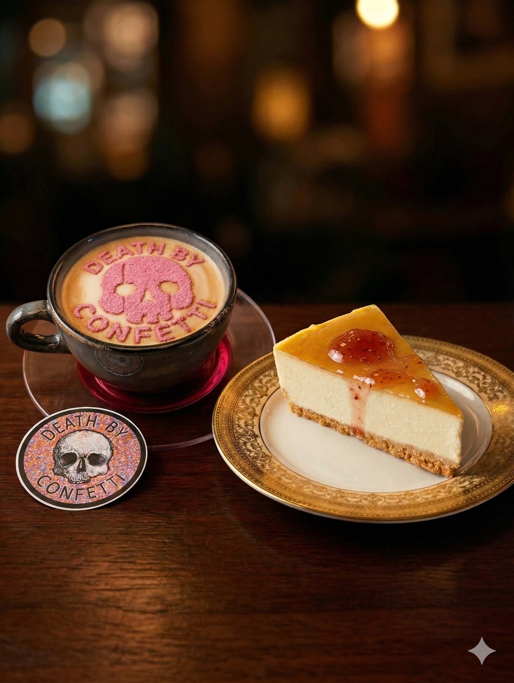 Death by Confetti Latte with pink skull art and cheesecake set