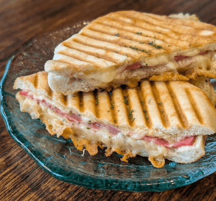 Hot grilled focaccia sandwich with mortadella, melted cheese and basil at A Bunch of Coffee Tokyo