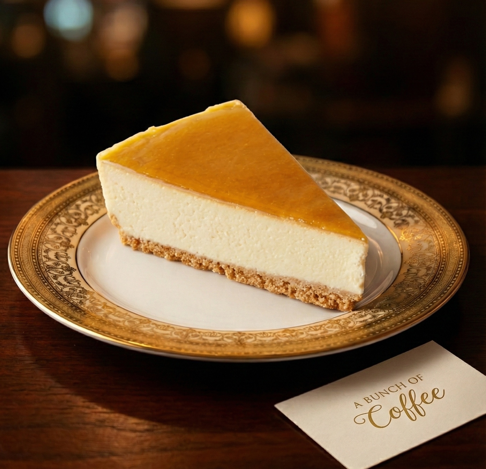 Cheesecake with caramel glaze on elegant gold-rimmed plate at A Bunch of Coffee Tokyo