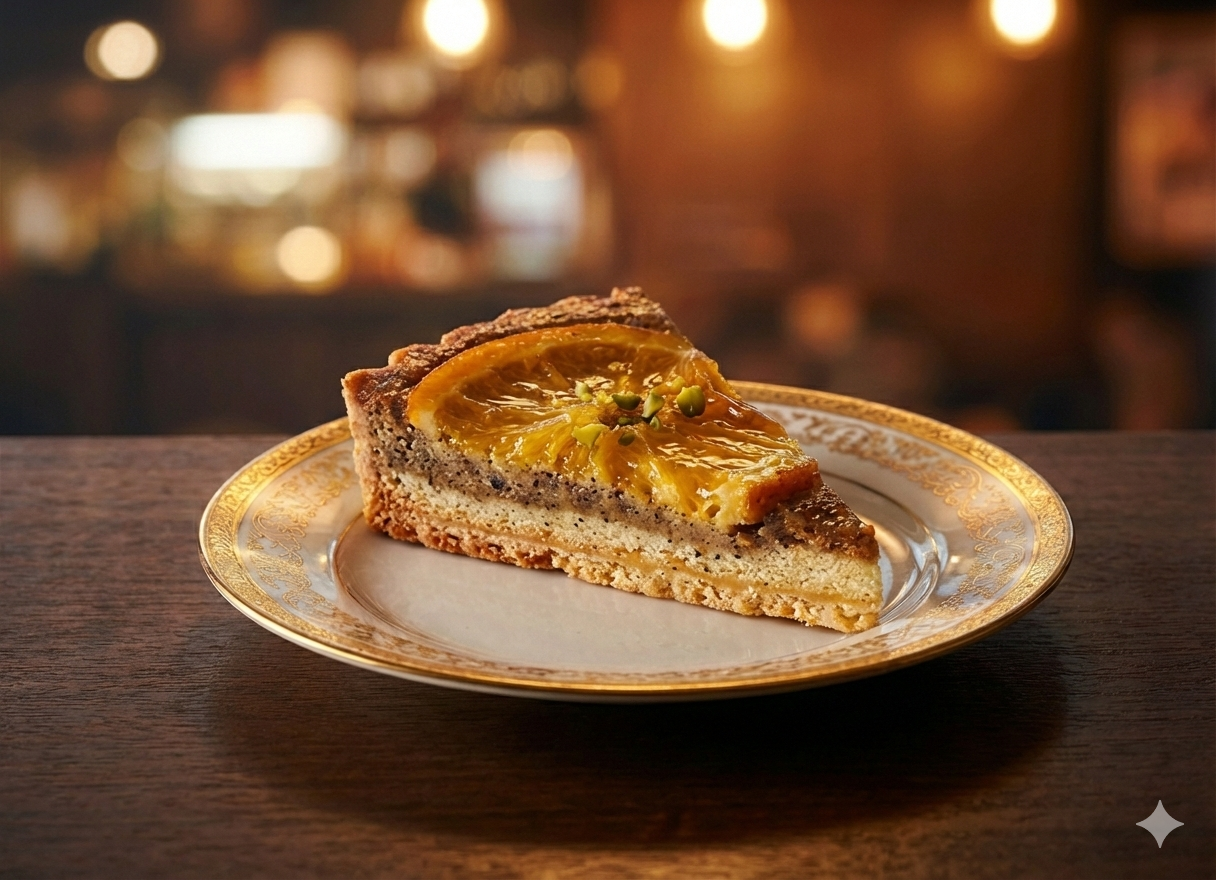 Earl Grey Orange Tart with candied orange slice and pistachio on gold-rimmed plate at A Bunch of Coffee Tokyo
