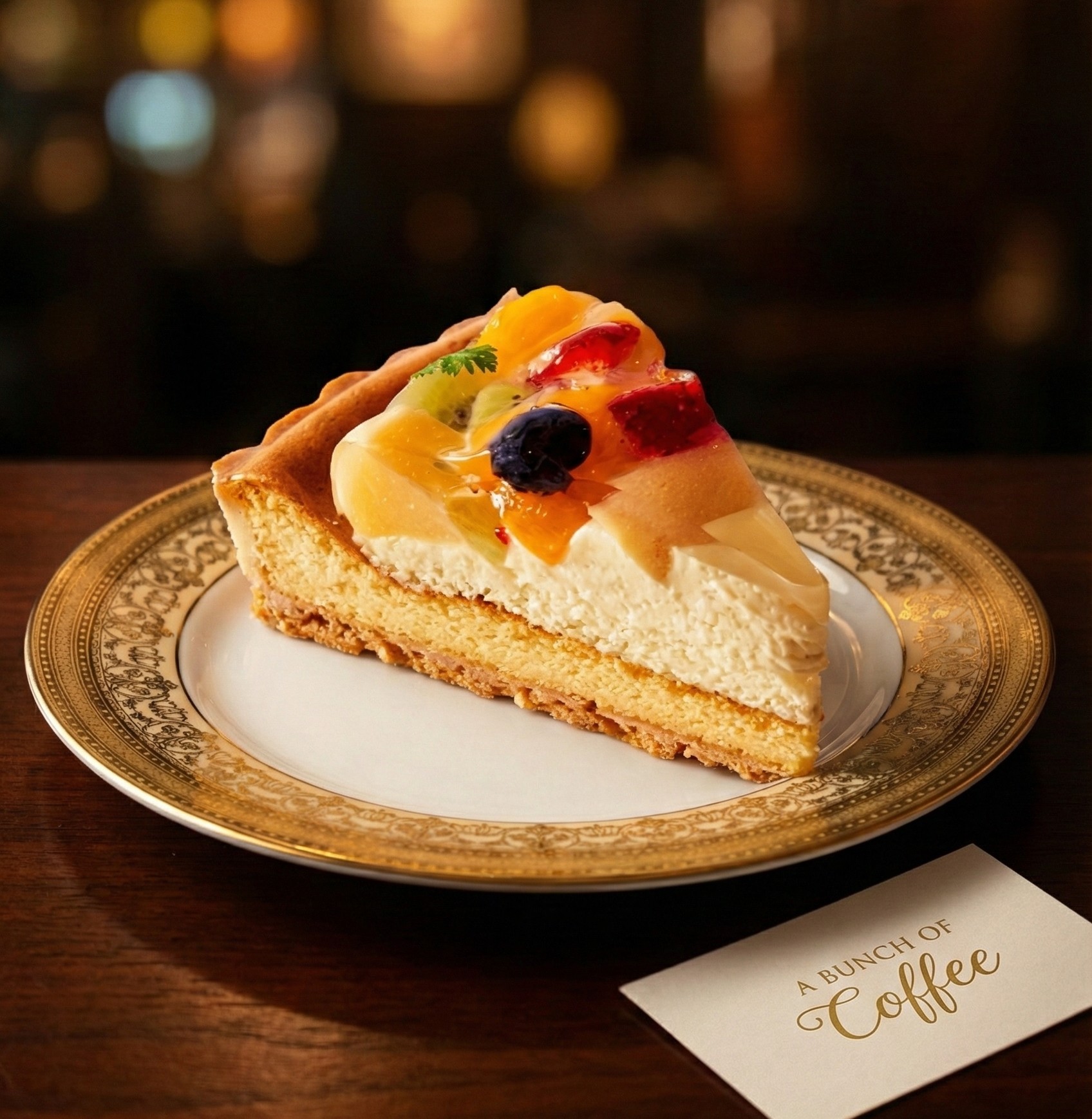 Tarte aux Fruits with fresh berries and glazed fruit on elegant gold-rimmed plate at A Bunch of Coffee Tokyo